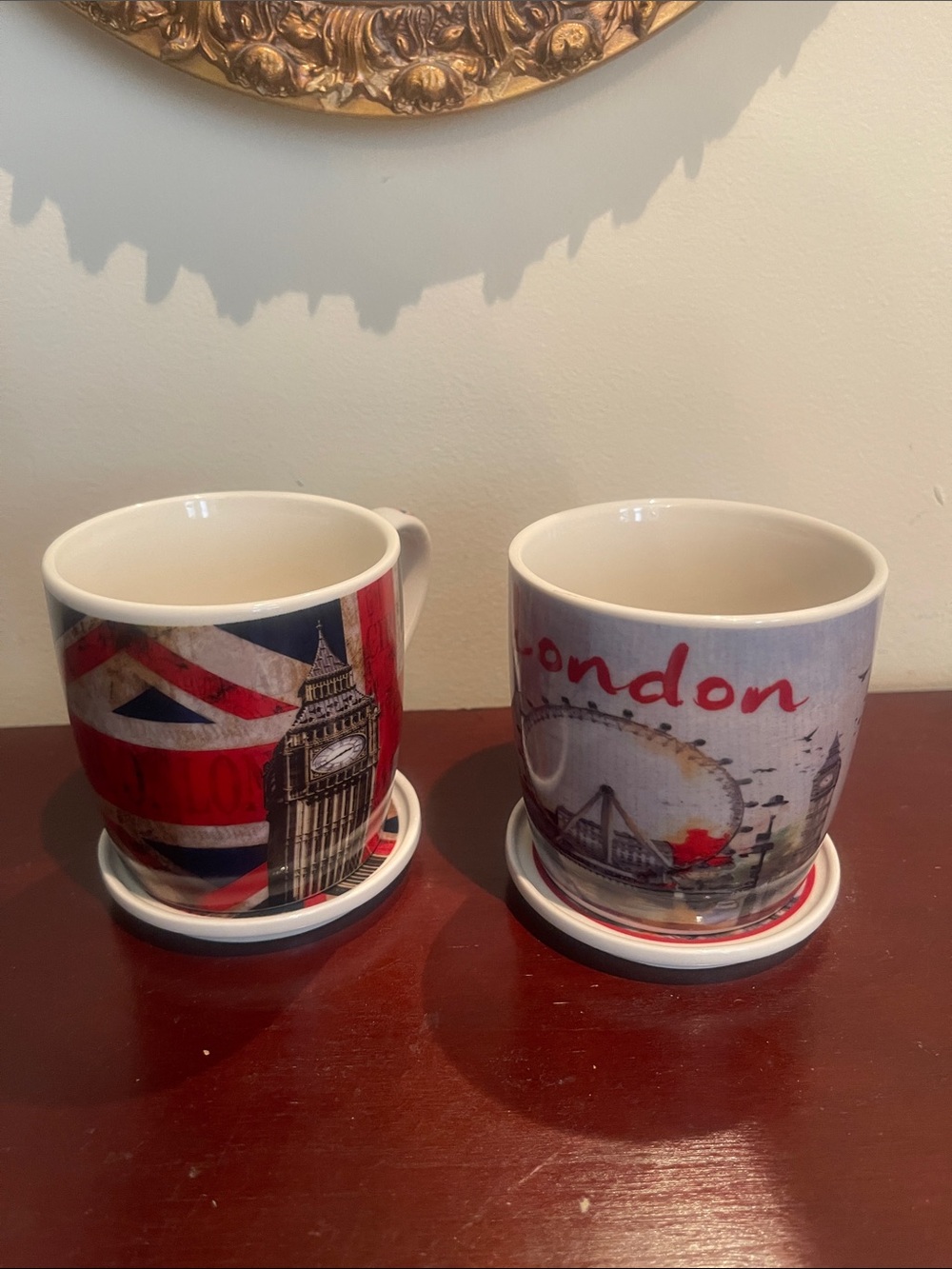 Union Jack Big Ben and London Ceramic Mug Set (2) with Matching Coasters
